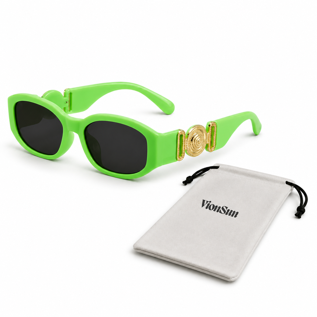 Green sunglasses with gold accents and a pouch on a white background